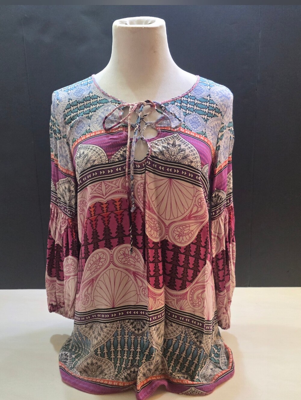 Chelsea & Violet Boho Paisley Lace-Up Tunic Pink Teal
